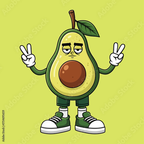 A laid-back cartoon avocado mascot with a cool, bored expression, wearing sneakers and giving double peace signs. Funny fruit vector art
