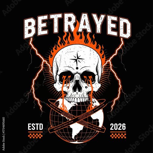 Dark art vector illustration of a flaming skull crying tears of blood over the world, a powerful graphic emblem of betrayal and wrath
