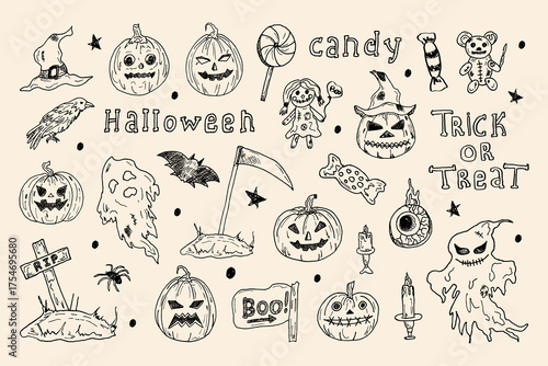 A set of elements for Halloween decoration in the style of scribbles. Hand-drawn illustrations with ghosts, creepy pumpkins, tombstones, candies - creepy elements for Halloween design, sketch, icon