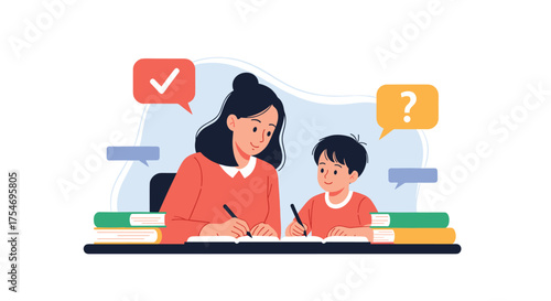 A mother teaching her son how to write and study with happiness.