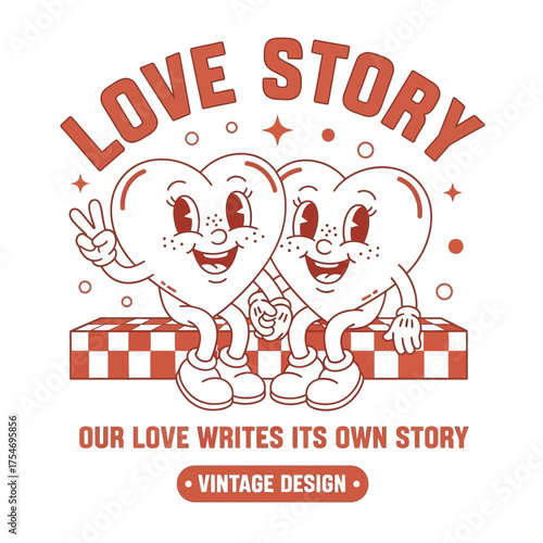 A vintage illustration of two smiling anthropomorphic heart characters sitting together in a retro cartoon style