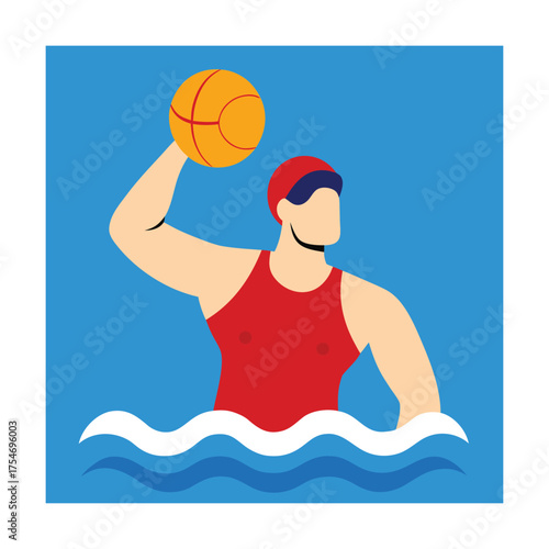 Water Polo Player with Red Swimsuit and Dark Cap athlete
