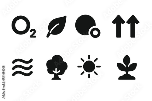 Oxygen Release Icons. Oxygen Release. Filled icon set of Oxygen Release: oxygen molecule, leaf, bubble, arrows