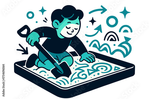 Child's Creative Sand Art. Creative sand art. A glowing child character using a shovel to carve abstract