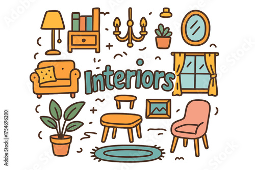 Wallpaper Mural Playful Interior Doodle. Interiors. Hand-drawn doodle illustration of Interiors. sofa, lamp, bookshelf, chair, Torontodigital.ca