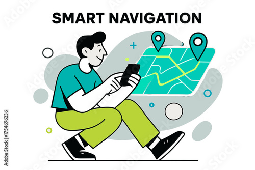 Augmented Reality Navigation. Using travel apps. Character navigating glowing maps with augmented reality