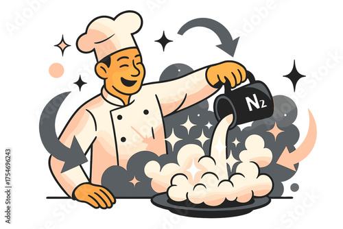 Dramatic Nitrogen Cuisine. Nitrogen experiments. A glowing chef pouring liquid nitrogen over a dish, with