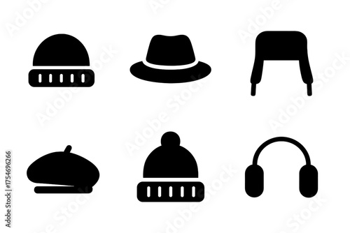 Winter Hat Icons. Winter Hats. Filled icon set of Winter Hats: beanie, fedora, beret, trapper hat, bucket hat,