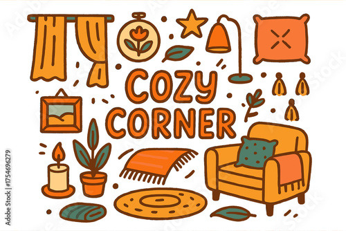 Cozy Corner Doodle. Cozy Corner. Hand-drawn doodle illustration of Cozy Corner. sofa, pillow, cushion, blanket