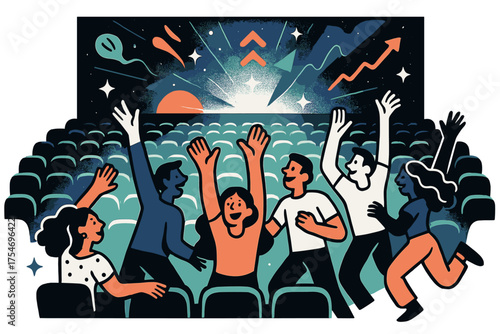 Vibrant Auditorium Ambiance. Full auditorium view. A glowing perspective from the back of the room, showing