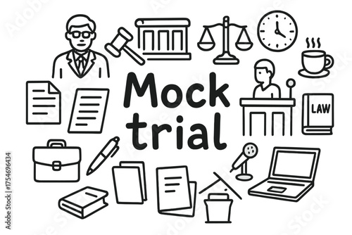 Mock Trial Doodle. Mock trial. Hand-drawn doodle illustration of Mock trial. Lawyer figure, gavel, scales of