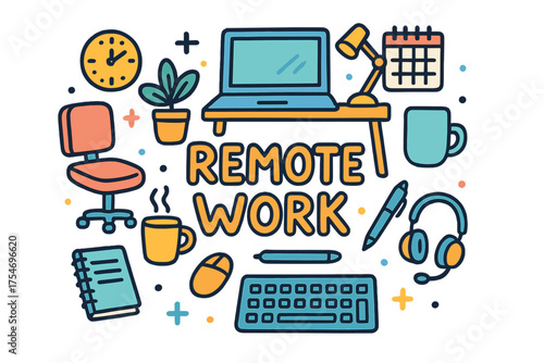 Colorful Remote Work Doodle. Remote Work. Hand-drawn doodle illustration of Remote Work. laptop, desk, chair,
