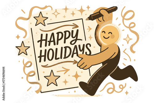 Festive Card Design. Festive lettering. A glowing character painting holiday greetings on a card, with