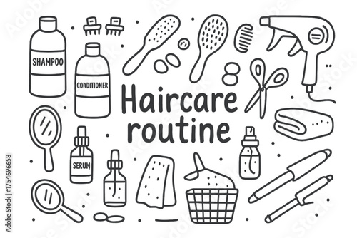 Haircare Essentials Doodle. Haircare routine. Hand-drawn doodle illustration of Haircare routine. Shampoo,