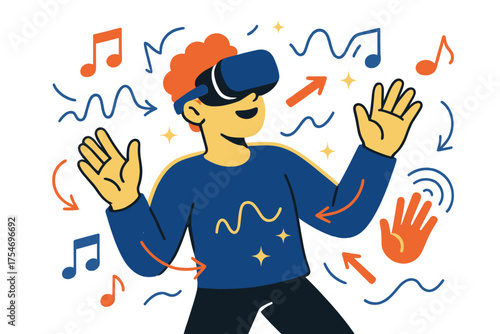 Immersive VR Soundscape. Virtual music experience. A glowing character in VR surrounded by floating musical