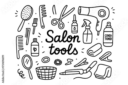 Salon Tools Doodle. Salon tools. Hand-drawn doodle illustration of Salon tools. Hairbrush, comb, scissors,
