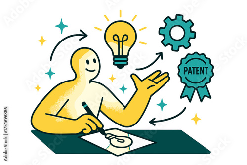 Inventive Illustration. Creative inventions. A glowing character sketching new product ideas with abstract