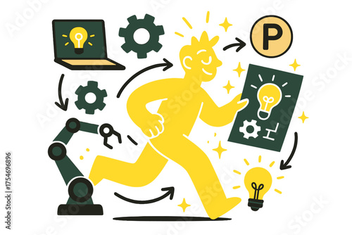 Innovative Blueprint Glow. Inventions and patents in various industries. A glowing character holding a glowing