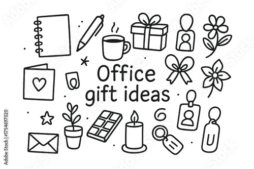 Office Gift Doodle. Office gift ideas. Hand-drawn doodle illustration of Office gift ideas. Notebook, pen,