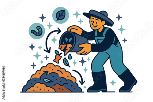 Eco-Friendly Composting Art. Composting techniques. A glowing farmer character adding organic waste to a