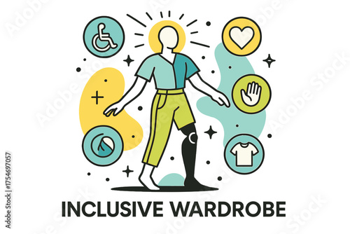 Glowing Adaptive Fashion. Inclusive fashion for people with disabilities. Abstract glowing mannequin wearing