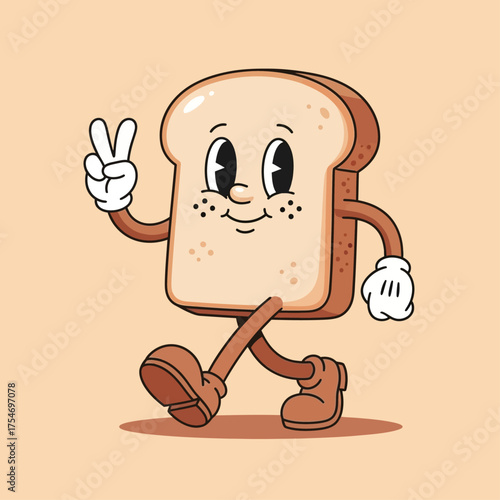 A cheerful vintage cartoon character, a walking slice of bread mascot with a friendly face and a peace sign gesture