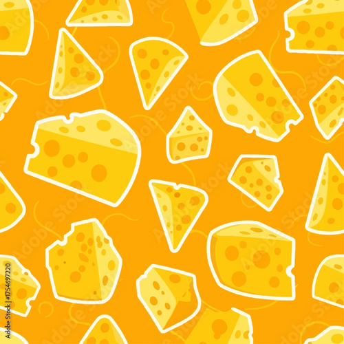 Seamless pattern with cartoon cheese wedges on an orange background. Vector food illustration, a fun and delicious dairy product graphic design