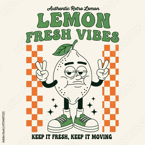 Vintage lemon mascot illustration giving peace signs with a fresh and groovy vibe on a checkerboard background
