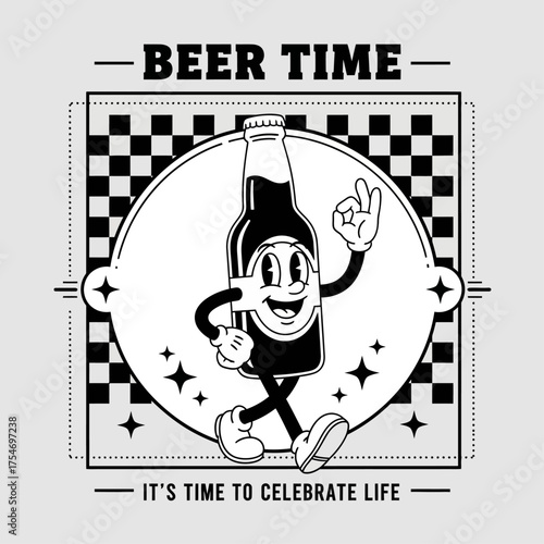 A cheerful walking beverage bottle character in a classic retro cartoon style. This vintage black and white mascot illustration is winking and giving an okay sign