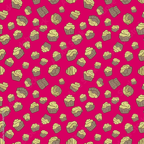 A delightful repeating pattern of illustrated sweet cupcakes with creamy frosting scattered on a vivid fuchsia background