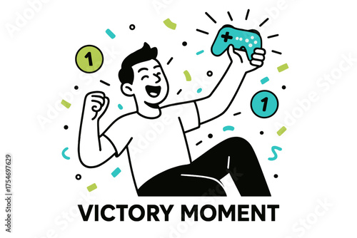 Gaming Victory Celebration. Playing video games. Character cheering with glowing controller in hand, abstract