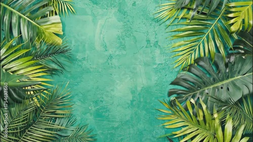 Tropical green leaves framing a textured blue background, creating a fresh and exotic summer vibe	