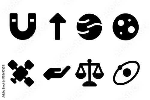 Gravitational Icon Set. Gravitational Pull. Filled icon set of Gravitational Pull: magnet, arrow, planet, moon