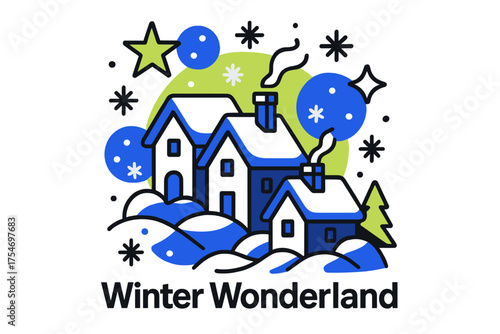Festive Winter Village. Snowy landscapes and festive settings. Abstract glowing winter village with