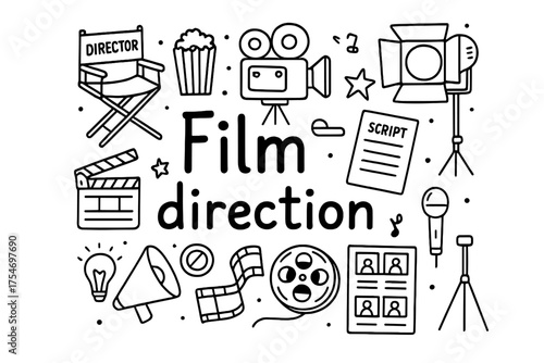 Film Direction Icons. Film direction. Hand-drawn doodle illustration of Film direction. Director's chair,