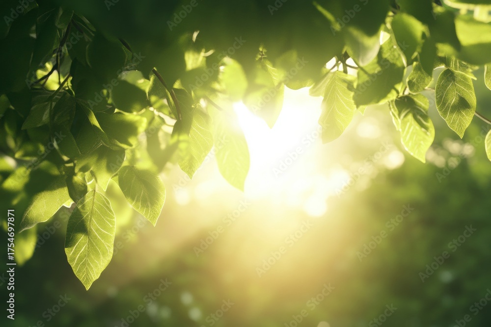 Obraz premium Luminous Canopy: Sunbeams stream through a vibrant canopy of fresh, green leaves, painting a breathtaking tableau of nature's beauty.