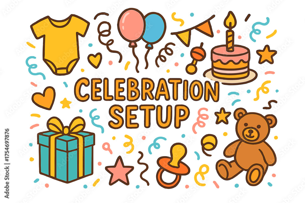 Naklejka premium Celebration Doodle Setup. Celebration Setup. Hand-drawn doodle illustration of Celebration Setup. balloons,