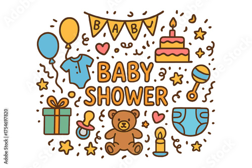 Colorful Baby Shower Doodles. Baby Shower. Hand-drawn doodle illustration of Baby Shower. balloons, cake, gift