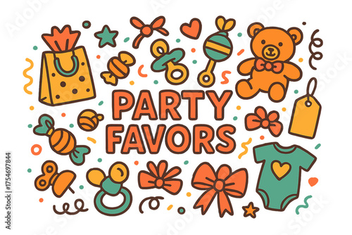 Colorful Party Favors. Party Favors. Hand-drawn doodle illustration of Party Favors. gift bag, candy, pacifier