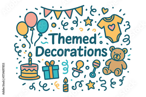 Playful Party Doodles. Themed Decorations. Hand-drawn doodle illustration of Themed Decorations. banner,