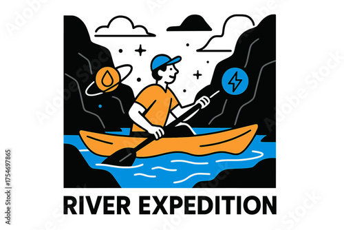 Glowing River Adventure. Exploring remote and undiscovered landscapes. Character kayaking on glowing river