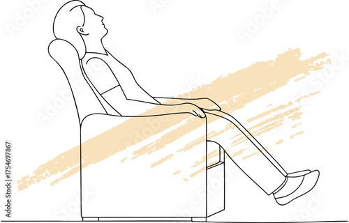 Minimalist single line drawing a person relaxing in a recliner chair with beige abstract brush strokes