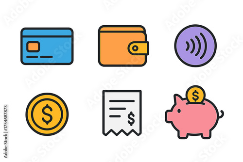 Essential financial icons set featuring payment methods, savings, and transaction symbols