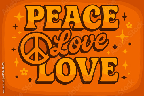 Peace and Love 70s Vibe. “Peace Love”. 70s poster vibe, warm gradient fills, thick outlines, offset shadows,