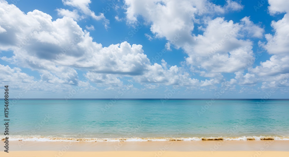 Obraz premium Tropical beach with turquoise sea, golden sand, and blue sky under sunlight — summer vacation paradise landscape
