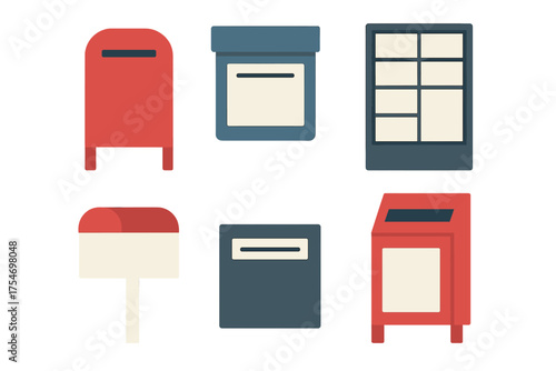 Set of vintage and modern mailboxes and post office drop boxes on white background