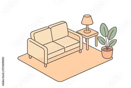 Cozy living room interior setup with two-seater sofa, side table, lamp, and potted houseplant on a rug