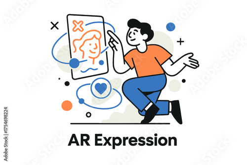 Augmented Reality Artistry. Art and technology. Character interacting with glowing augmented reality art with