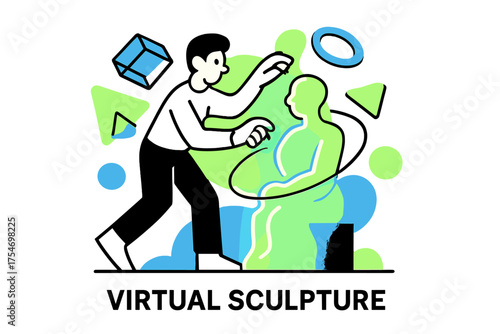 Virtual Sculpture Artistry. Art and technology. Character sculpting glowing digital clay with floating