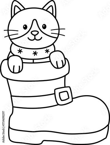 Christmas cat sitting in Santa boots outline vector.
Holiday pet character Children's coloring pages and templates isolated.
Transparent background.SVG.